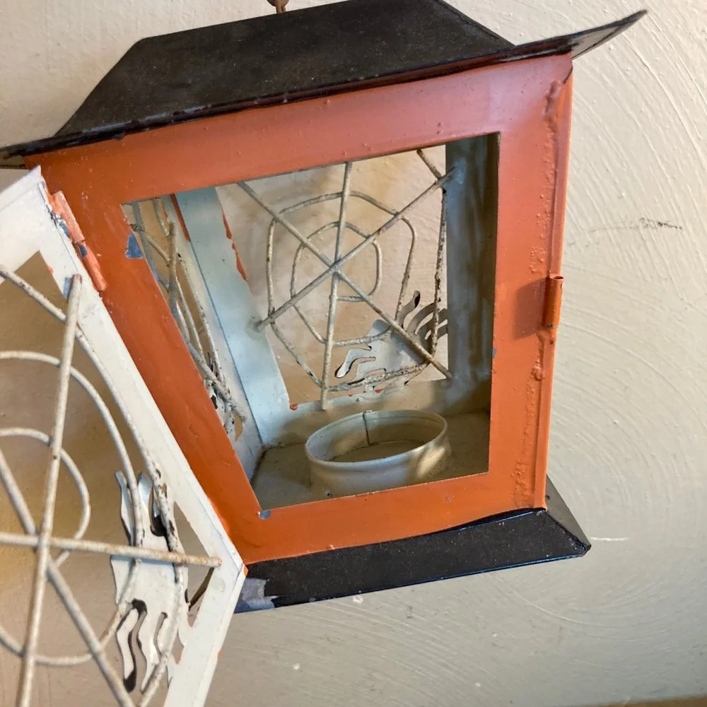 Halloween Hand Painted Metal Spiderweb Lantern Orange Black Tea Light Holder
